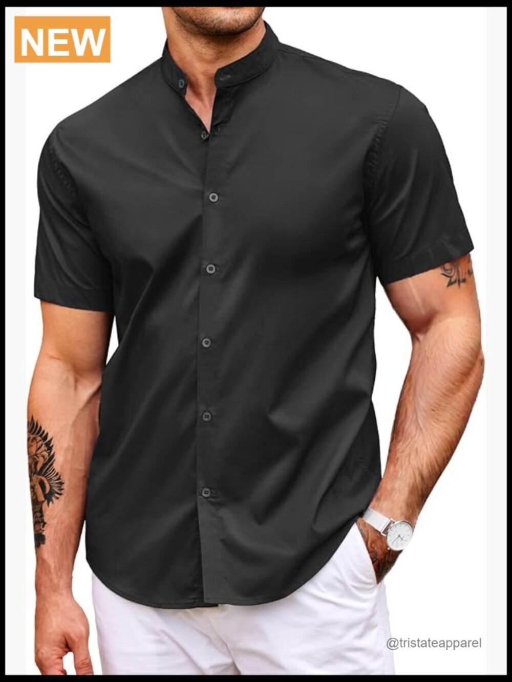 Muscle Fit Banded Collar Button Down Short Sleeve Dress Shirt for Men
